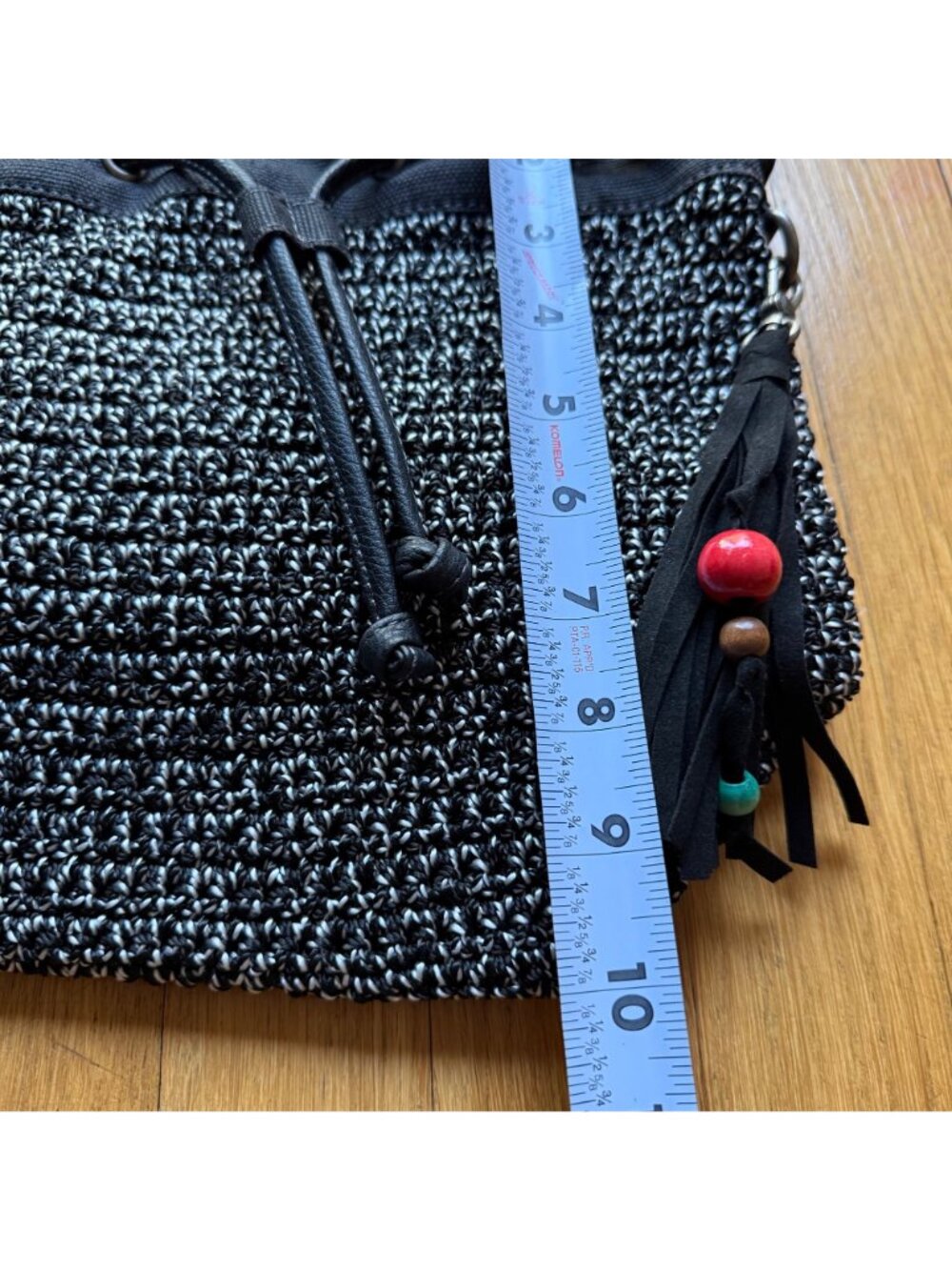 Crochet Boho The Sak 12"x10" Black & White Ukiah Crochet Drawstring Bucket Bag - Picture 5 of 15